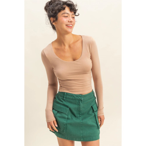 Hyfve Scoop Neck Long Sleeve Crop Top - Dark Taupe