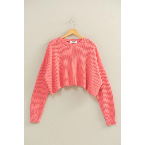 Hyfve Cropped Knit Sweater with Crew Neck - Taffy Pink