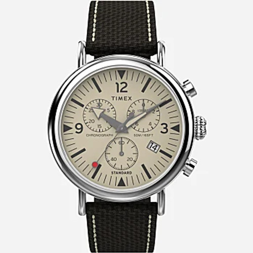 Timex Standard Chronograph 41mm Fabric Strap Watch - Silver-Tone/Brown/Cream Timex Standard Chronograph 41mm Fabric Strap Watch - Silver-Tone/Brown/Cream