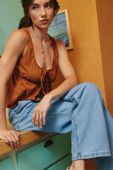 Lara Daisy Tie-Front Peplum Jersey Tank Top - Bronze Lara Daisy Tie-Front Peplum Jersey Tank Top - Bronze