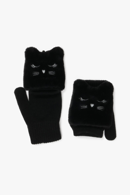 David & Young Cat Embroidery In Flip Top Gloves - Black