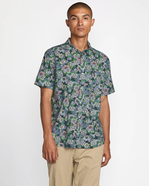 RVCA Botanical Short Sleeve Button Up Shirt -Garage Blue