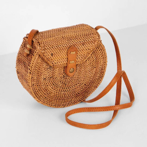 Round Ata Rattan Bag with Flap Bali Bag - Brown Water Drop