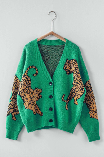 Urban Daizy Tiger Jacquard Knit Sweater Cardigan - Green