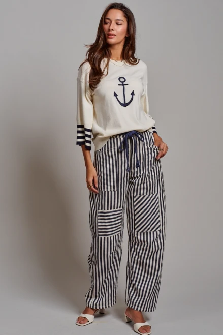 Urban Daizy Railroad Striped Patch Pocket Spring Utility Pants - Navy