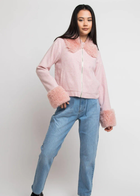 Daisy Street Fur and Houndstooth Jacket - Pink White