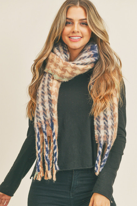 Soft Fuzzy Multi Color Pinwheel Scarf - Taupe/Navy