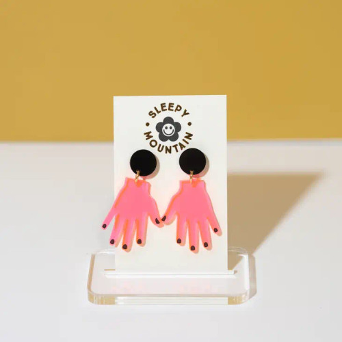Sleepy Mountain Hands Dangle Earrings - Neon Pink