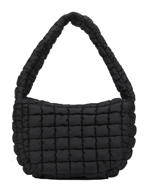 Puff Pleated Bubble Shoulder Bag Large Capacity Handbag - Black