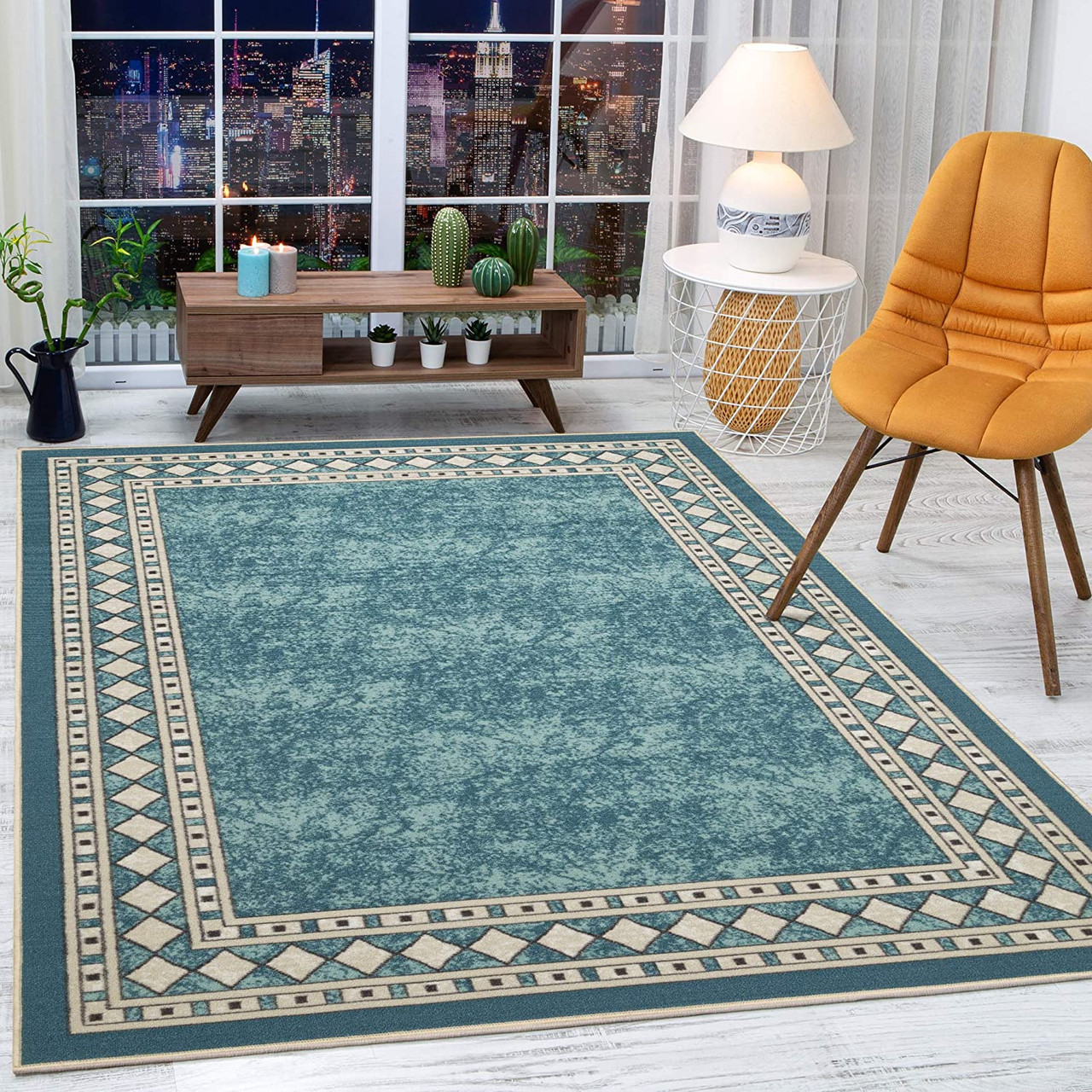Blue Modern Bordered Non-Skid/Non-Slip Low Profile Pile Rubber Backing Area  Rugs