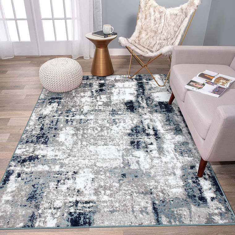 Contemporary Abstract Grey Blue Soft Distressed Area Rug