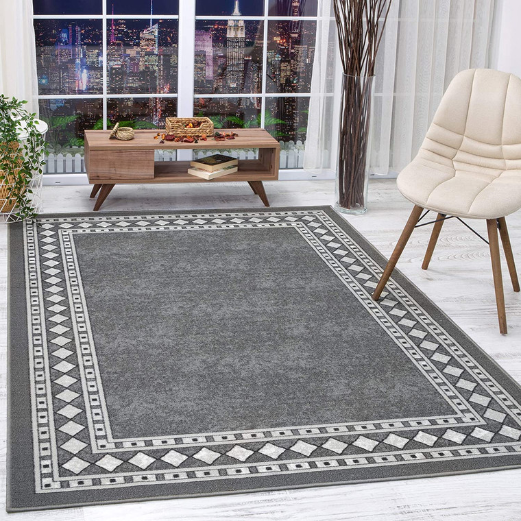Gray Modern Bordered Non-Skid/Non-Slip Low Profile Pile Rubber Backing Area Rugs