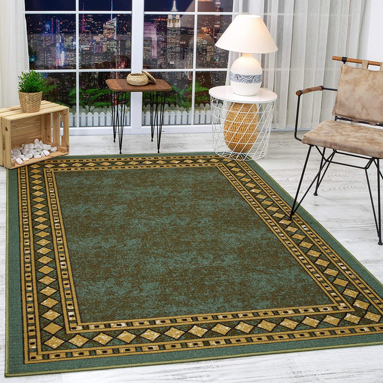Green Modern Bordered Non-Skid/Non-Slip Low Profile Pile Rubber Backing Area Rugs