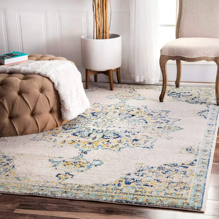 Vintage Persian Floral Ivory Blue Soft Area Rug