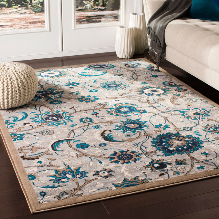 Traditional Floral Grey Blue Brown Area Rug