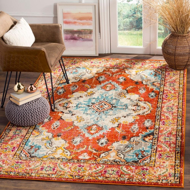 Medallion Distressed Orange Light Blue Soft Area Rug