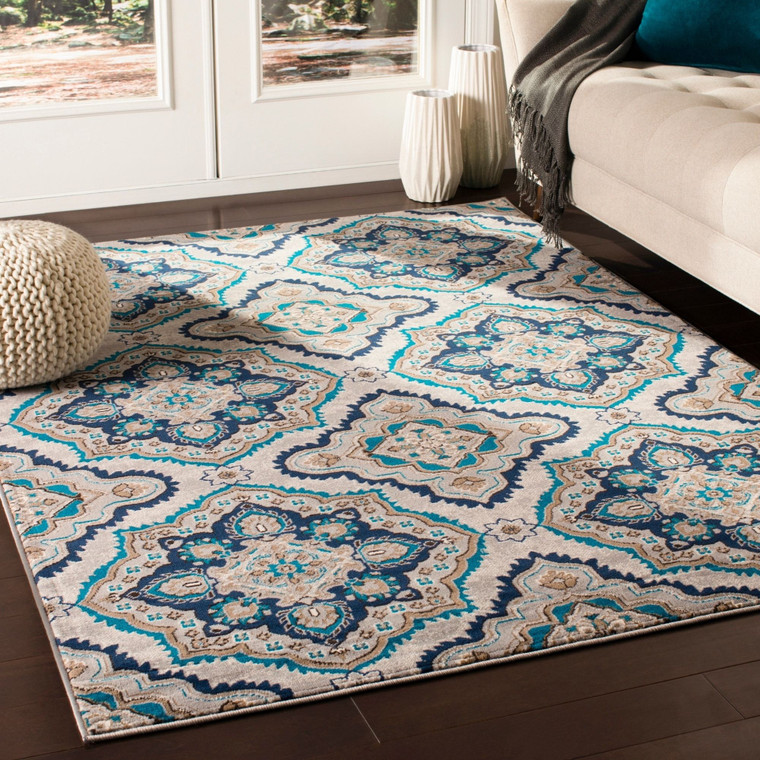 Transitional Floral Navy Blue Ivory Neutral Area Rug