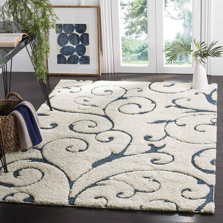 Premium Swirl Thick Plush Cream Blue Shag Rug