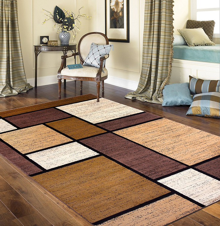 Contemporary Box Pattern Modern Brown Tan White Area Rug