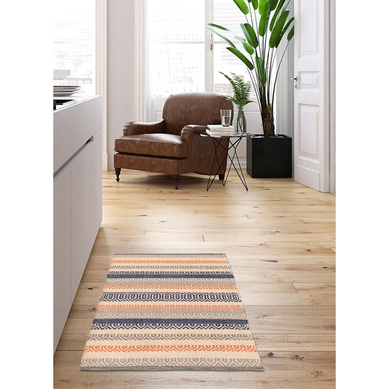 Flat-weave Bold and Colorful Cream, Blue Wool Kilim