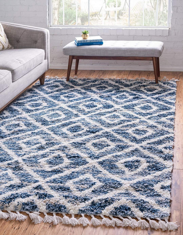 Lattice Tassel Blue Ivory Beige Plush Shag Area Rugs