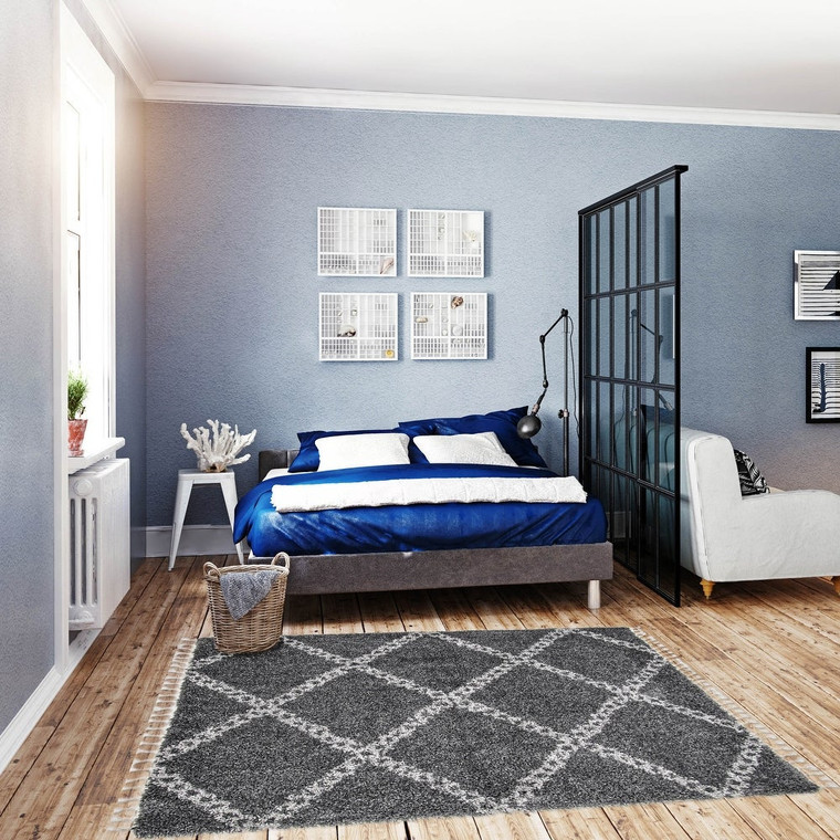 Dark Grey Trellis Casual Shag Area Rug