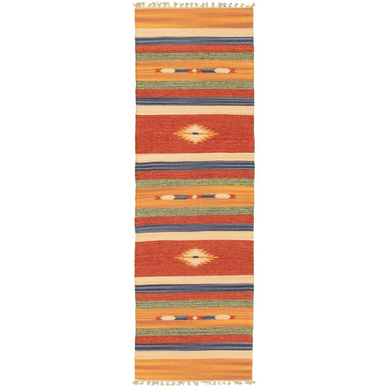 Flat-weave Bold and Colorful Orange, Red Wool Kilim