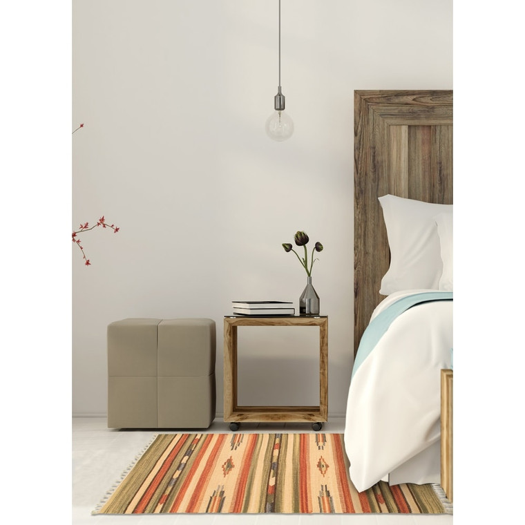 Flat-weave Bold and Colorful Cream, Olive Wool Kilim