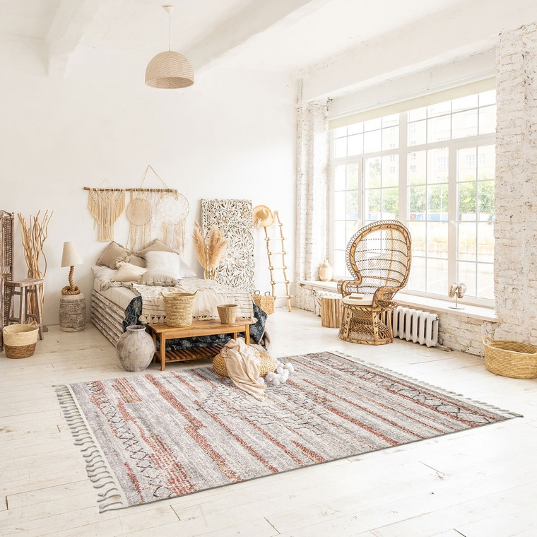 Aztec Bohemian & Eclectic Ivory Copper/ Grey Tassel Soft Rug