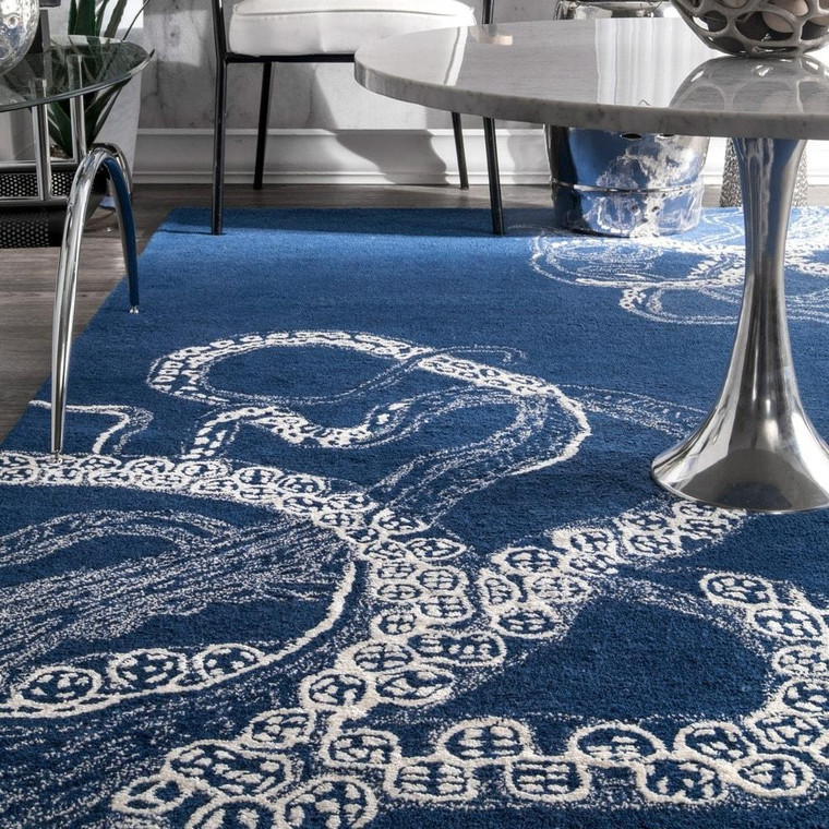 Handmade Wool Silk Octopus Pattern Navy Soft Area Rugs