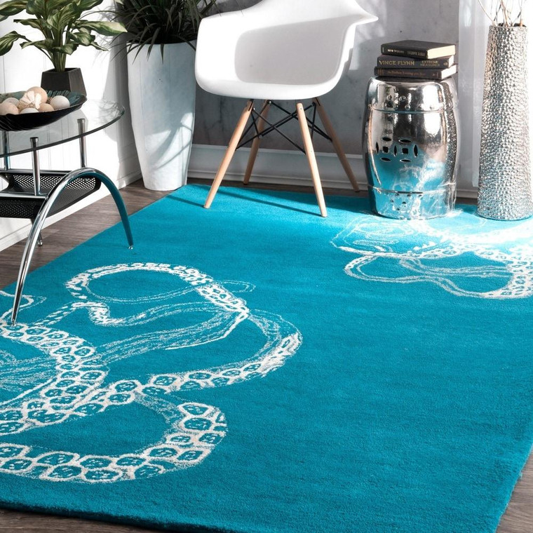 Handmade Wool Silk Octopus Pattern Light Blue Soft Area Rugs