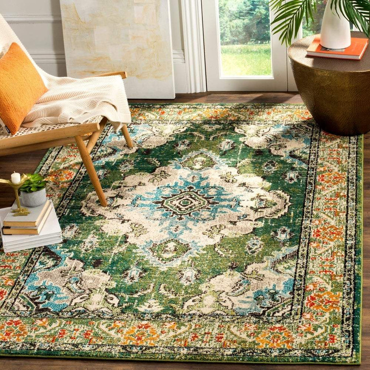 Medallion Distressed Forest Green Light Blue Soft Area Rug