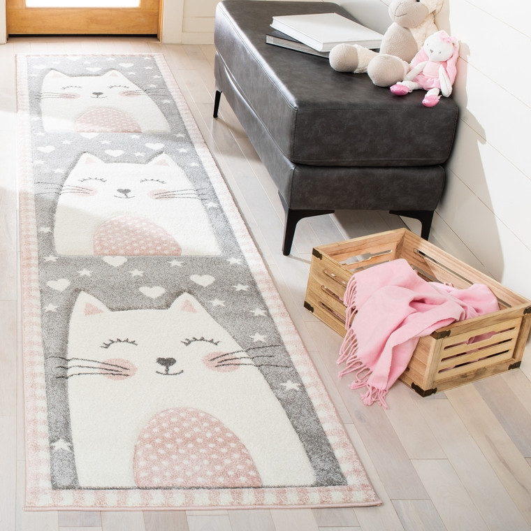 Carousel Kids Yuha Cat Pink Grey Soft Rug