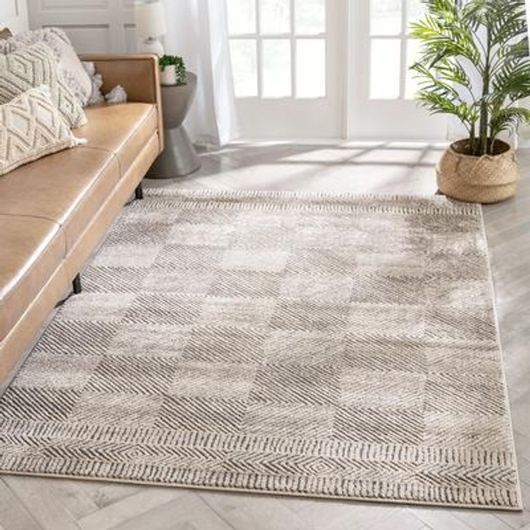 Tribal Geometric Beige Distressed High-Low Soft Area Rug