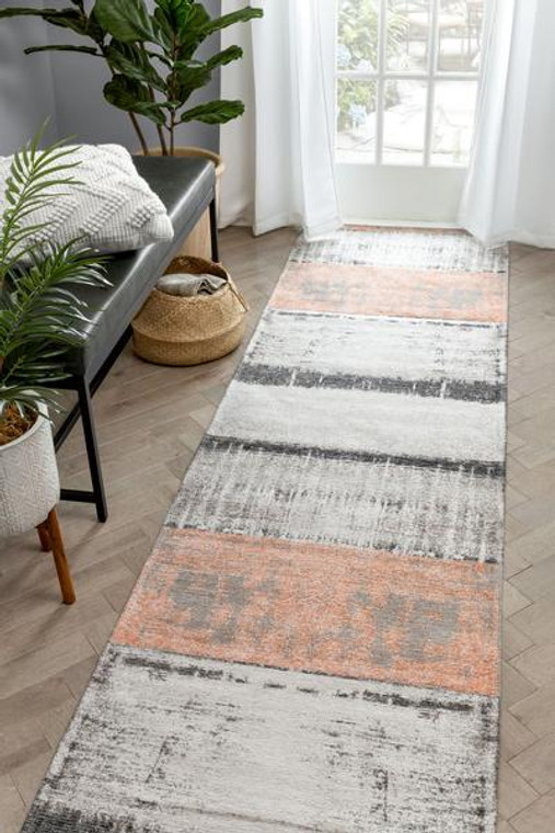 Modern Distressed Abstract Brush Strokes Salmon Grey Kilim-Style Soft Area Rug