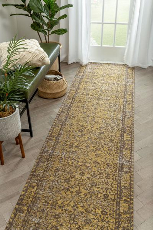 Vintage Distressed Orietnal Floral Yellow Kilim-Style Soft Area Rug