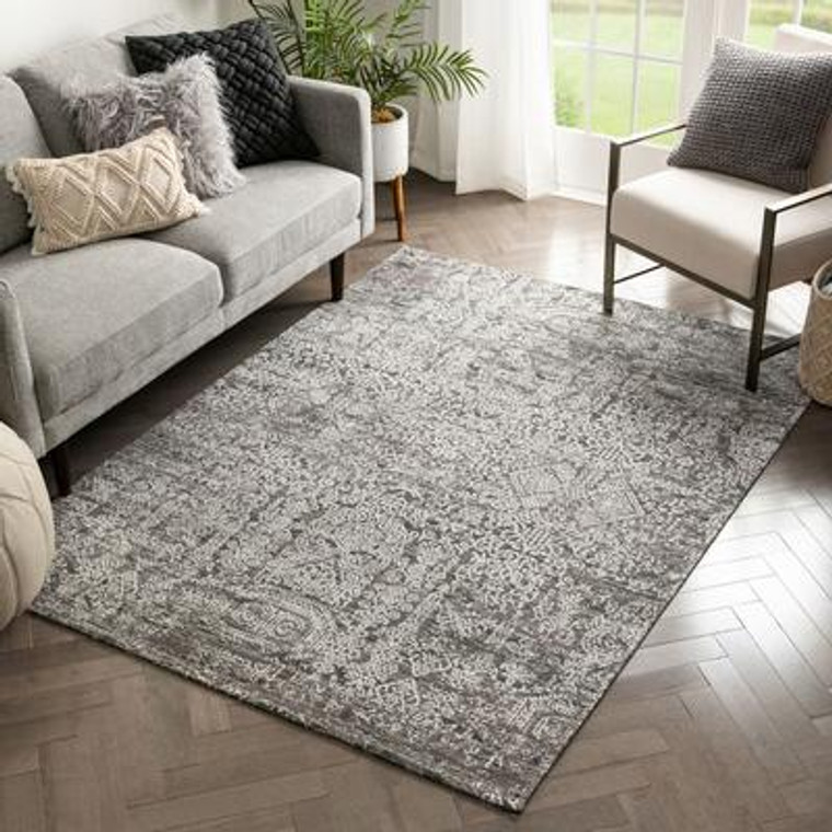 Vintage Distressed Damask Pattern Black Kilim-Style Soft Area Rug