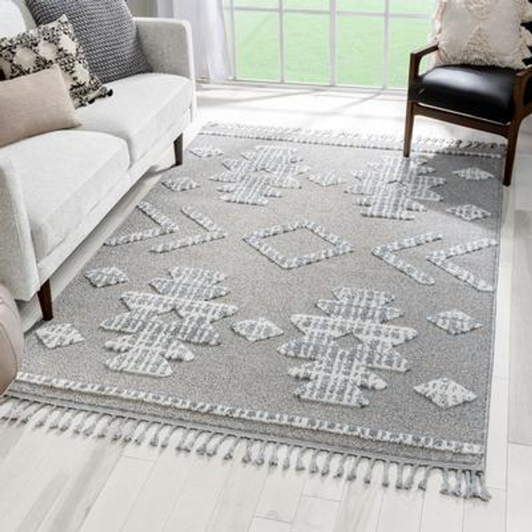 Tribal Geometric Pattern Ivory High-Low Textured Soft Area Rug