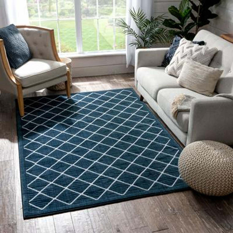 Moroccan Lattice Trellis Blue Soft Area Rug