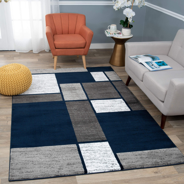 Box Pattern Navy Grey White Soft Area Rug