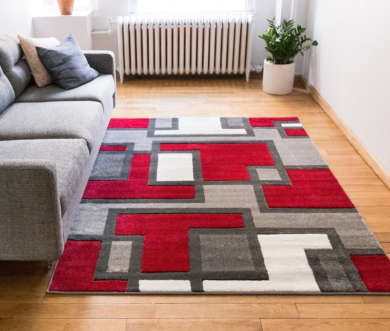 Modern Geometric Red Gray Comfy Hand Carved Area Rugs