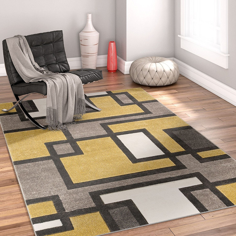 Modern Geometric Golden Yellow Gray Comfy Hand Carved Area Rugs