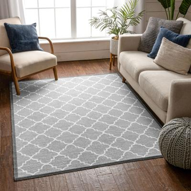 Brooklyn Trellis Grey Modern Non Slip Washable Rug