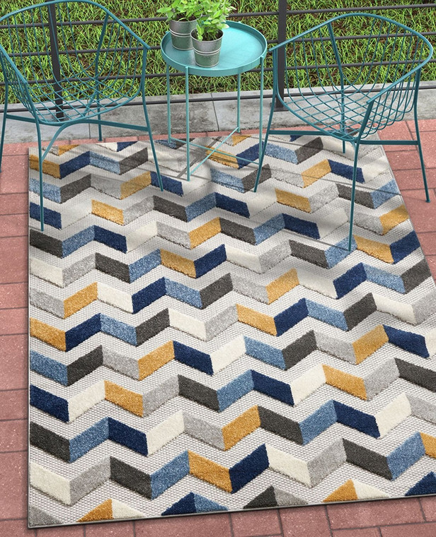 Chevron Mustard Yellow Blue Gray High Traffic Stain Resistant Indoor Outdoor Area Rug