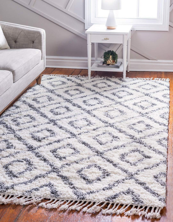 Lattice Tassel Ivory Gray Plush Shag Area Rugs