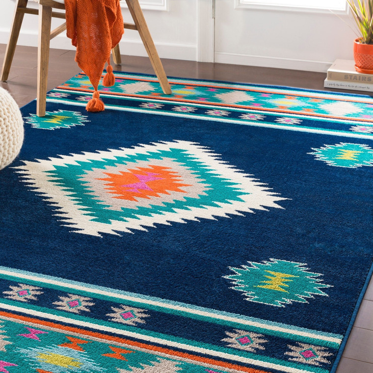 Southwestern Navy Blue Teal Area Rug