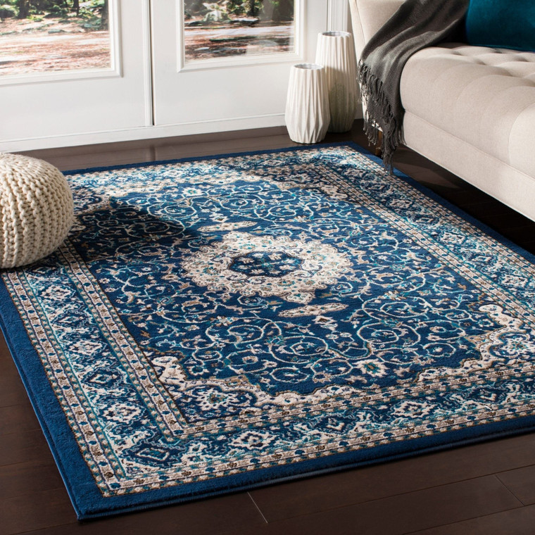 Traditional Medallion Navy Sky Blue Ivory Area Rug