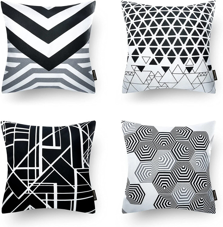 Set of 4 Black Geometric 100% Cotton Throw Pillow Case Cushion Cover