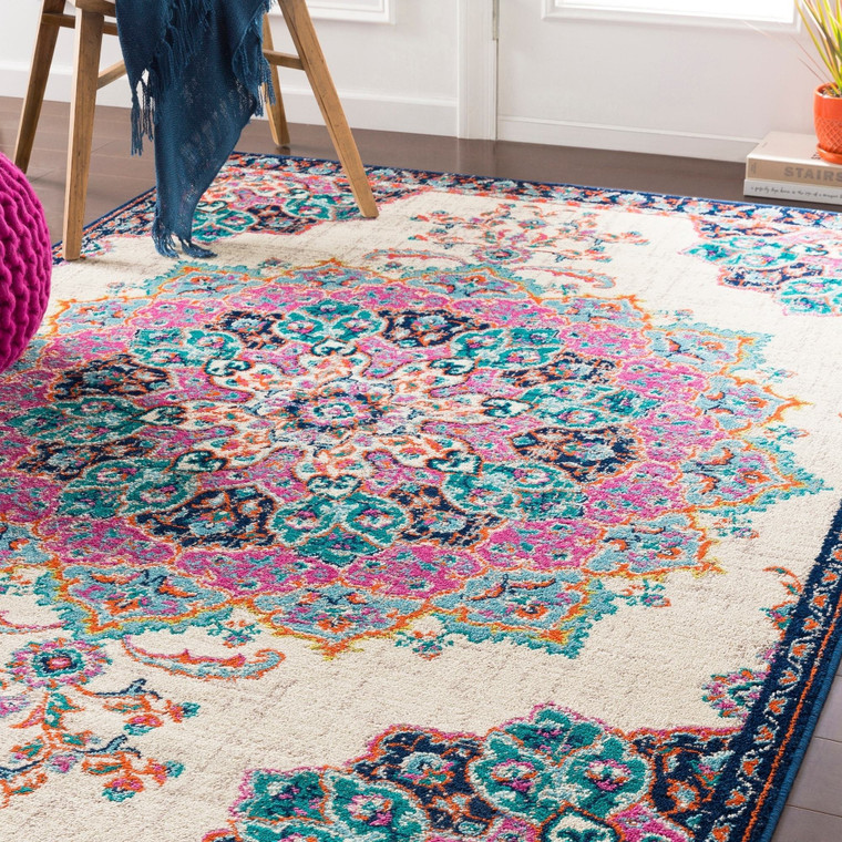 Floral Medallion Teal Fuchsia Cream Multi-color Area Rug