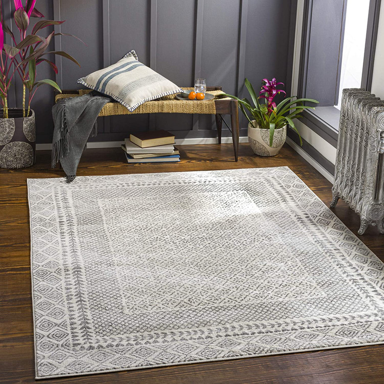 Vanessa Bohemian Border Grey Soft Area Rug